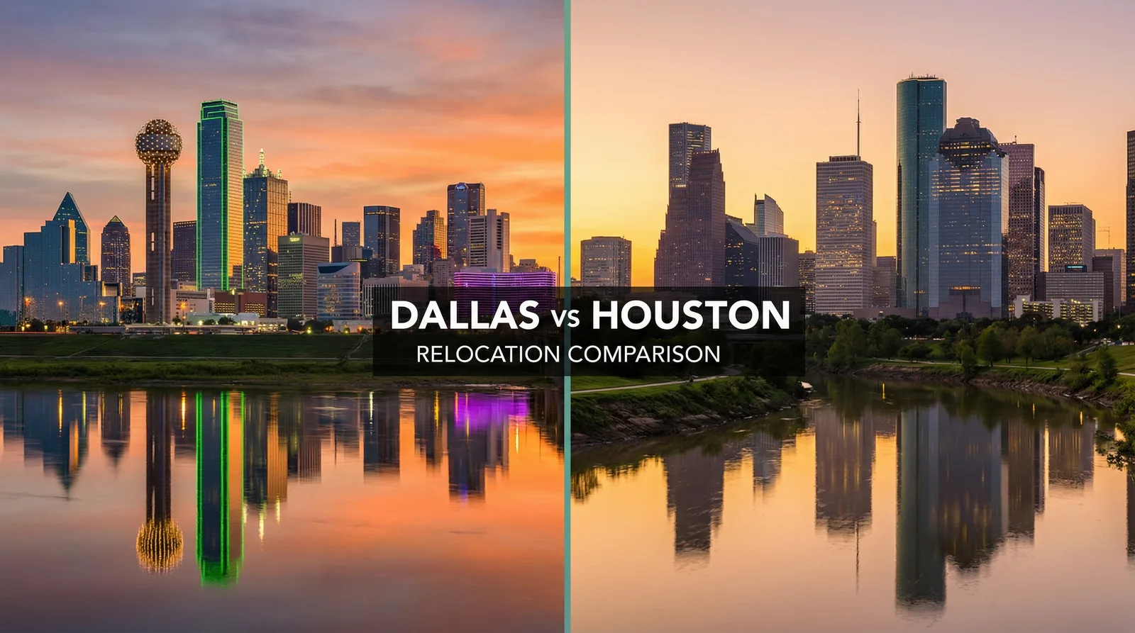 Dallas and Houston skylines side by side connected by Texas highway at golden hour
