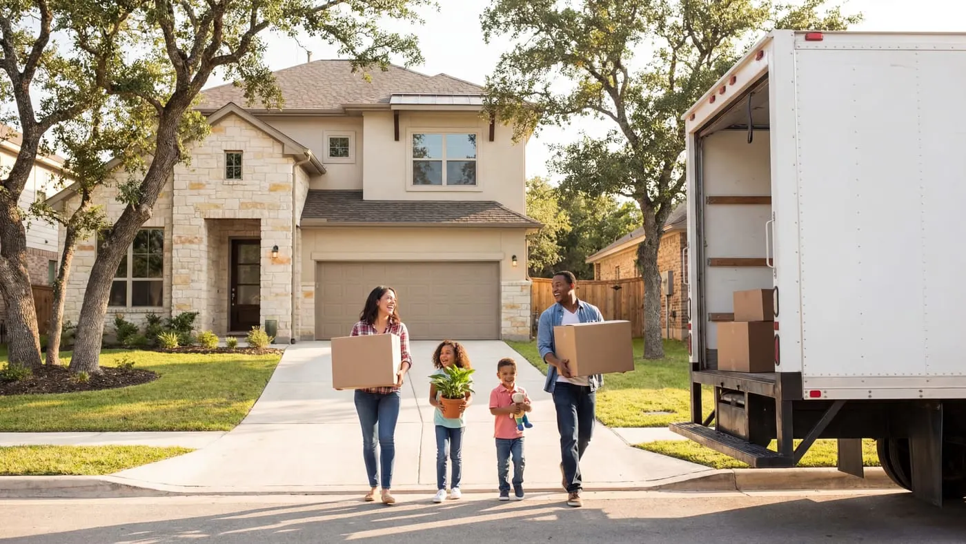 Happy family unloading moving boxes in front of their new Texas home on a sunny moving day