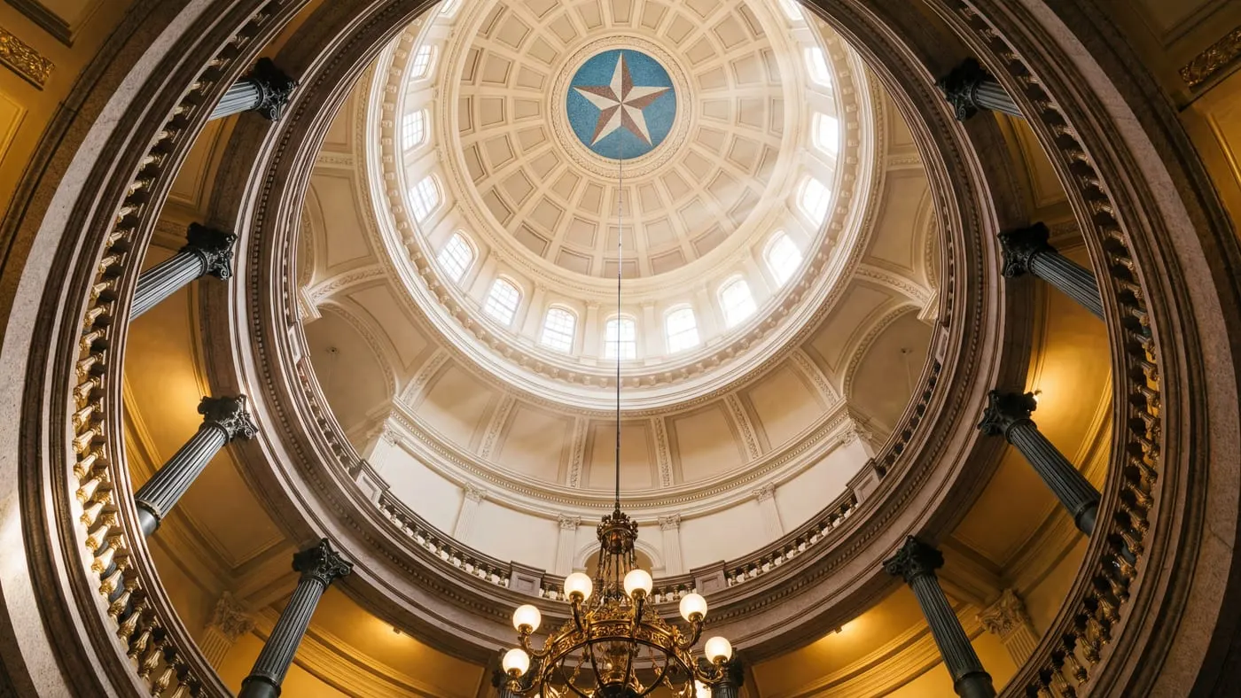 Texas State Capitol rotunda interior with dramatic natural light streaming through ornate dome and Lone Star