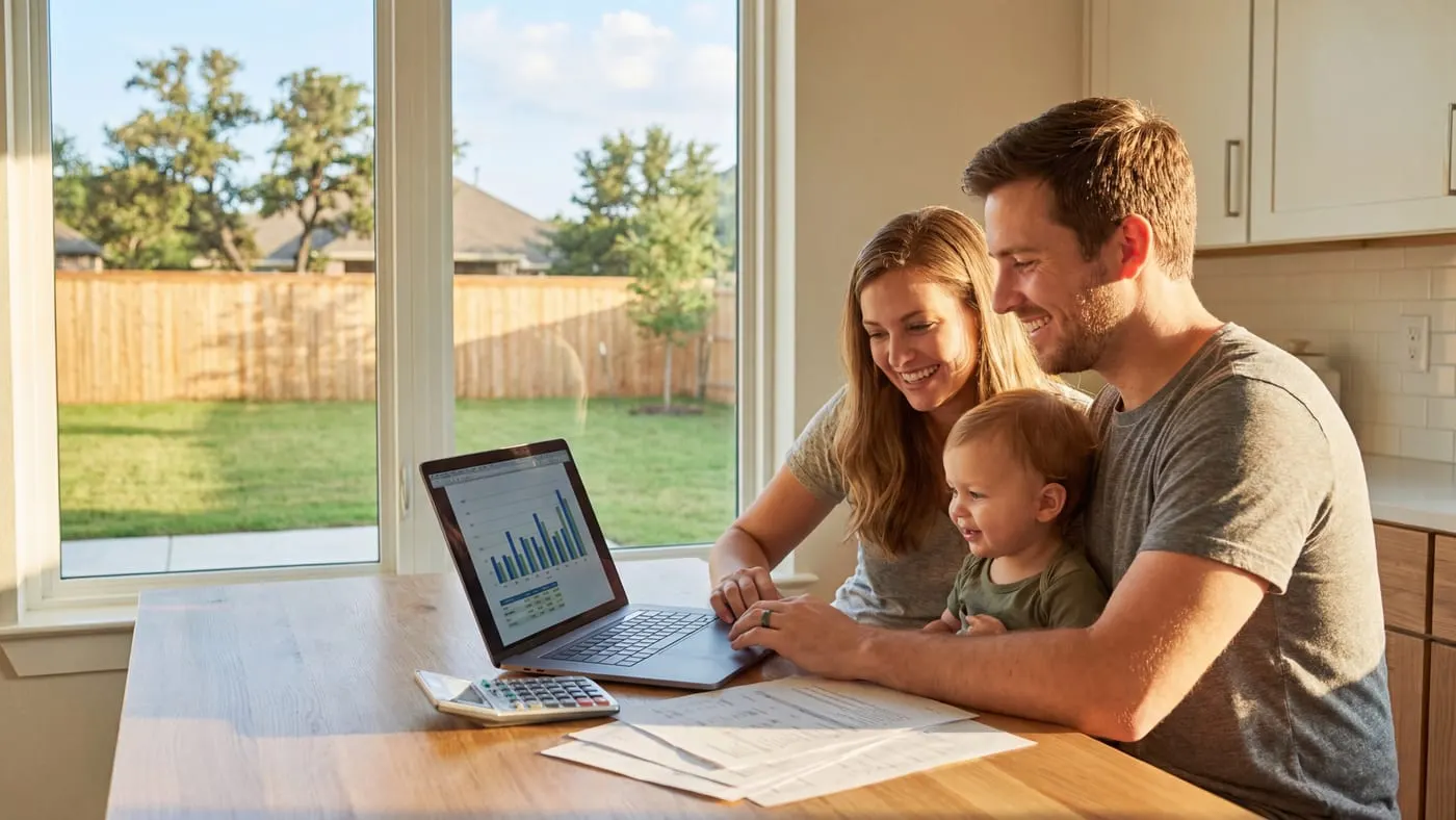 Family reviewing financial documents and tax savings at kitchen table in bright Texas home