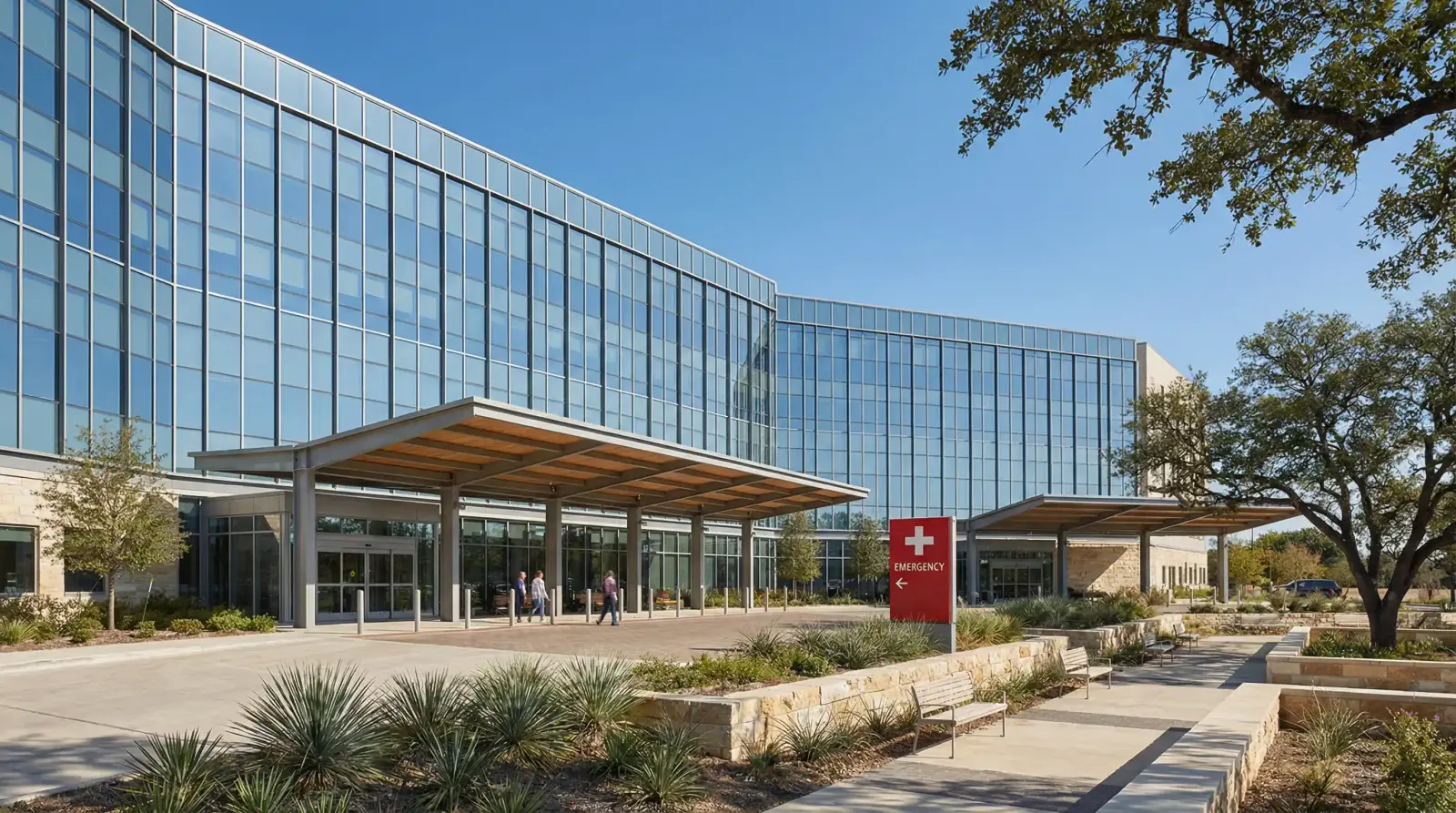 University Hospital main entrance in the South Texas Medical Center, San Antonio — a Level I trauma center and teaching hospital for UT Health San Antonio