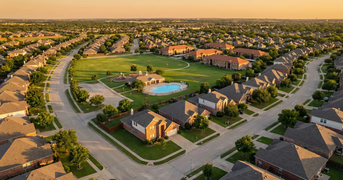Houston Flood Zones — aerial neighborhood view showing bayou waterways and residential areas