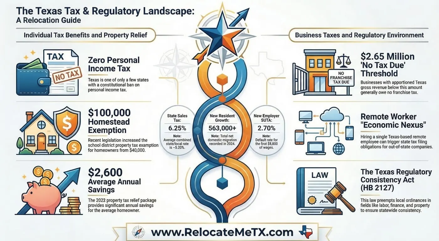The Texas Tax Trade-Off infographic showing the balance between zero income tax and high property taxes with key statistics