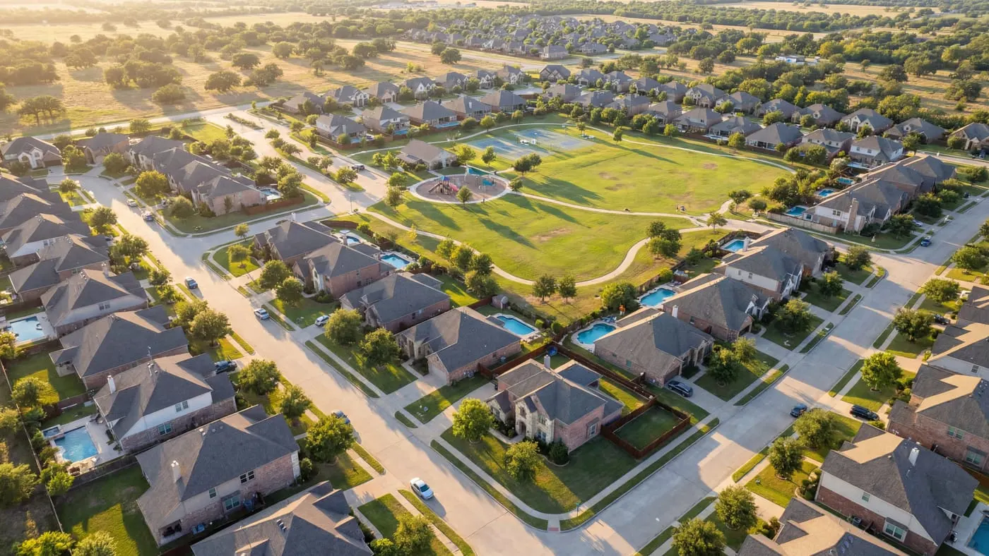 Aerial view of a Texas suburban neighborhood showing residential homes, swimming pools, and community park