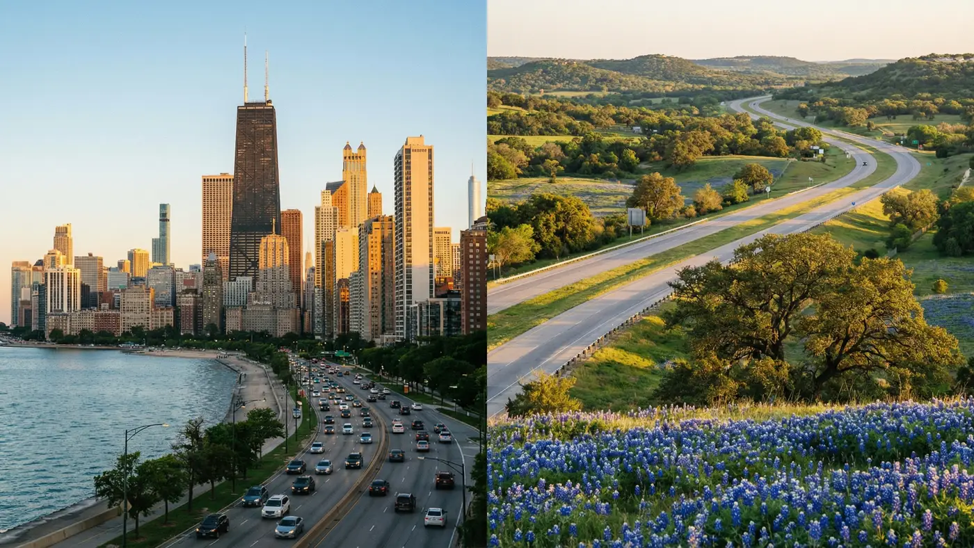 Relocating from Illinois to Texas showing scenic landmarks from both states