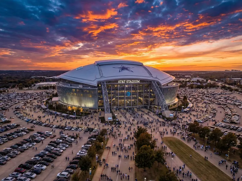 AT&T Stadium in Arlington, Texas viewed from the parking lot approach with the retractable roof open and World Cup branding visible on match day