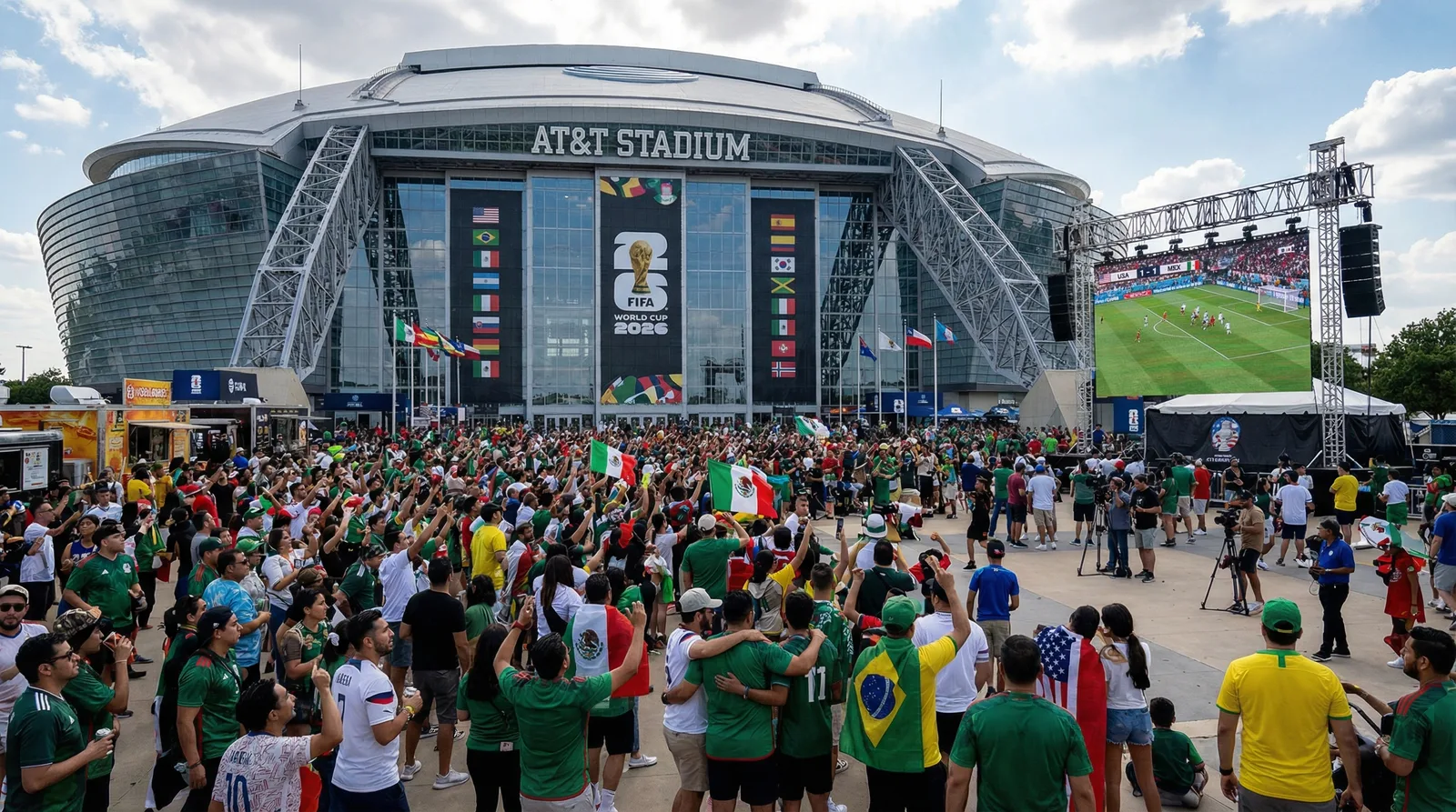 Dallas skyline with World Cup 2026 branding and AT&T Stadium in the distance