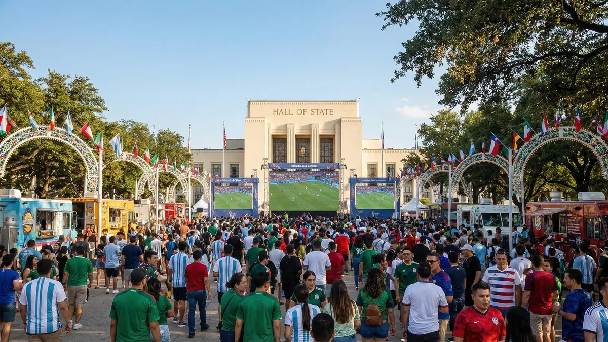 FIFA Fan Festival at Fair Park in Dallas with giant screens, international fans, and Art Deco buildings