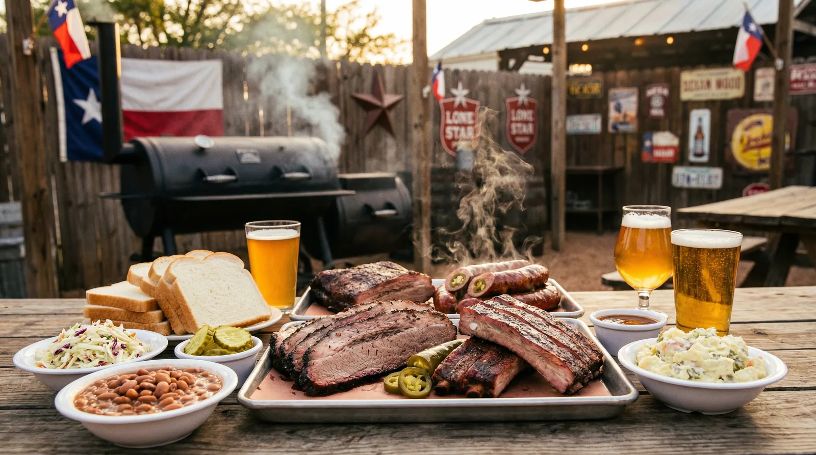 Texas barbecue spread with brisket, ribs, and sides at a Dallas BBQ restaurant