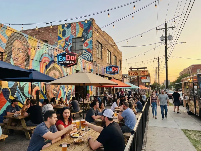 Colorful EaDo street scene in Houston with murals, outdoor patios, and fans walking toward the FIFA Fan Festival