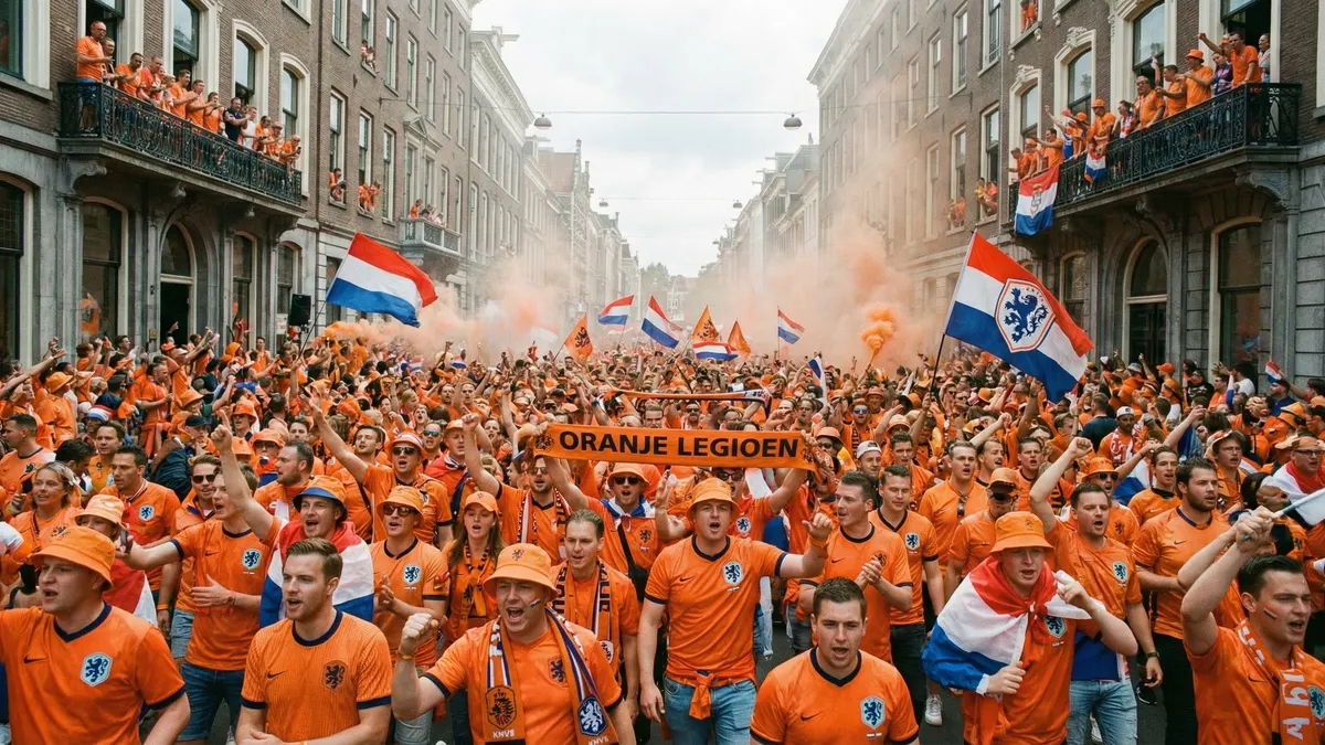 Dutch fans in orange celebrating at NRG Stadium in Houston before kickoff