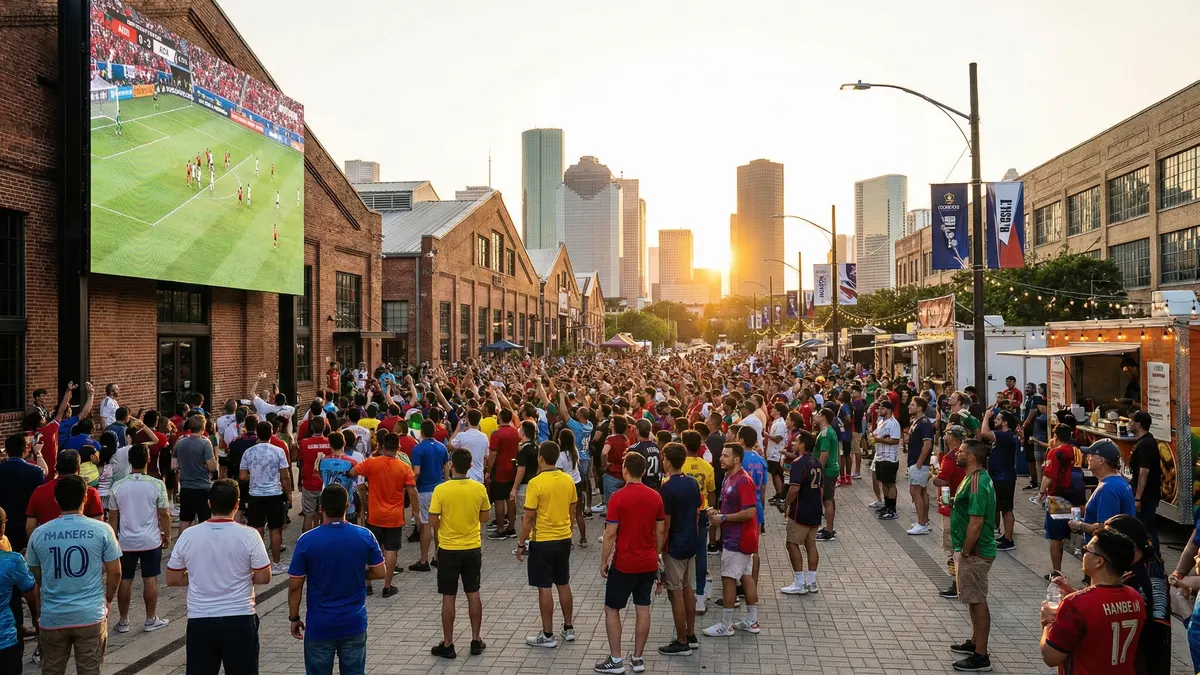 Thousands of international fans gathered at the EaDo Fan Festival in Houston with giant screens showing a live match and food vendors in the background