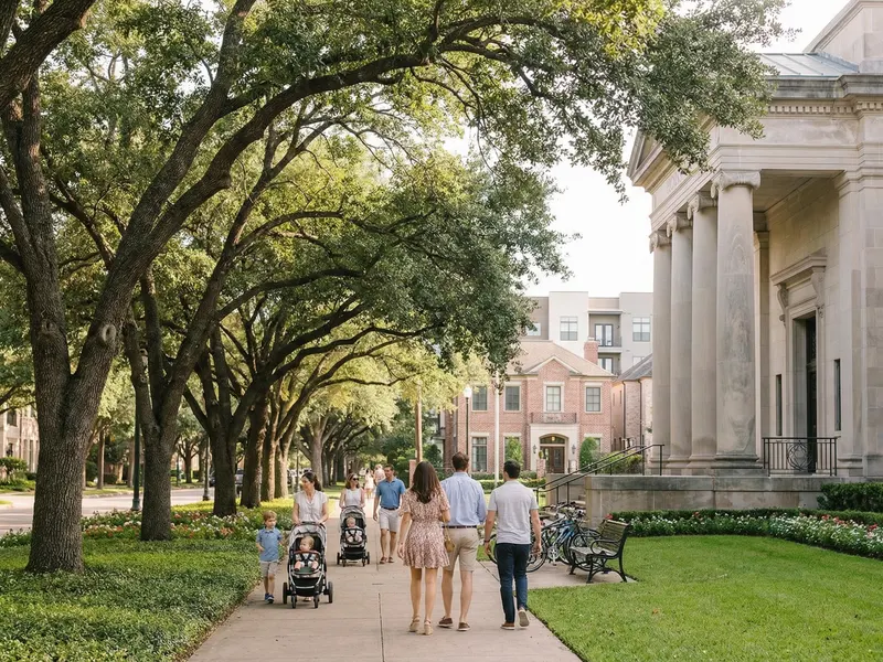 Houston Museum District with Hermann Park and the Museum of Fine Arts along the tree-lined Main Street METRORail corridor